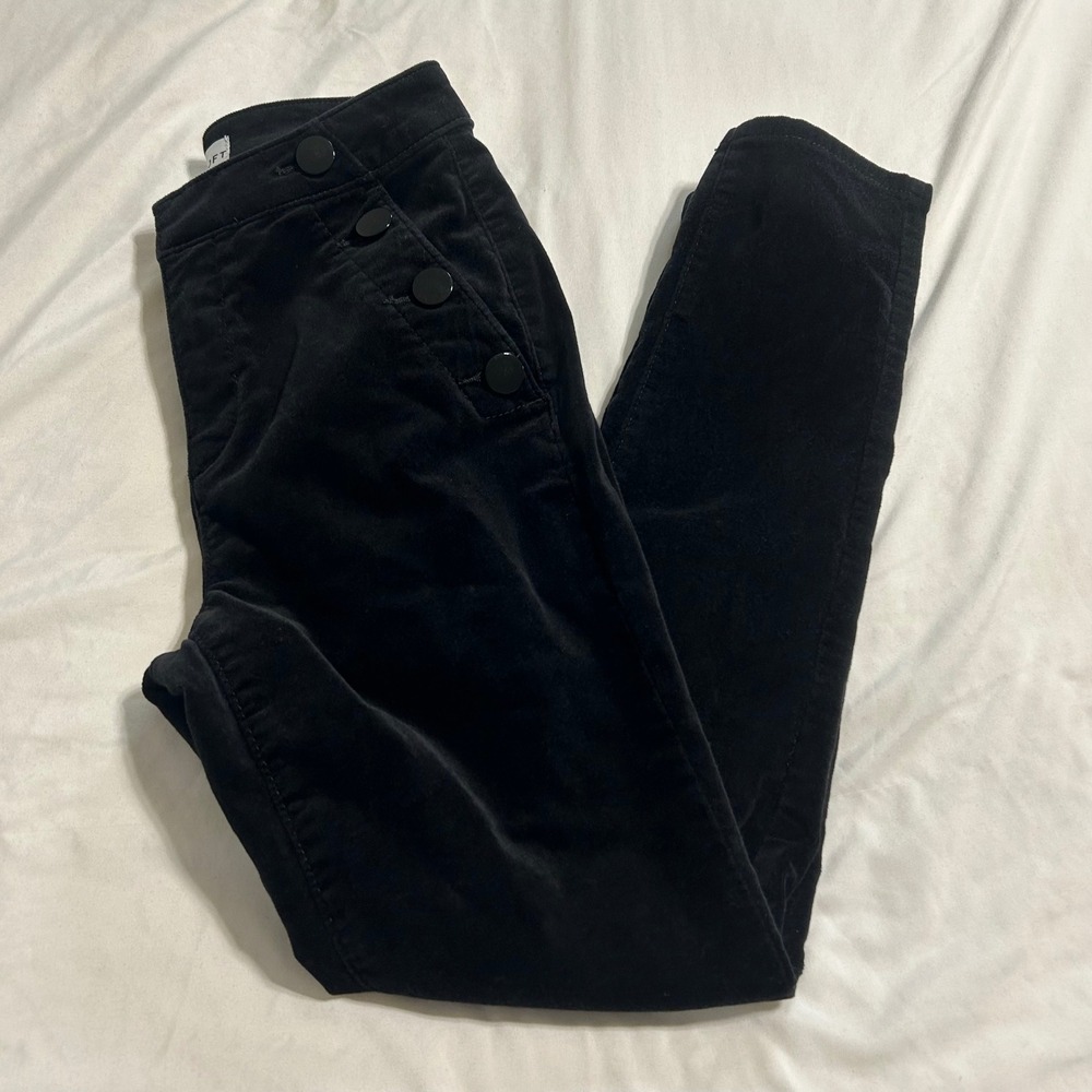 Loft Black Velvet Sailor Button Pants Petite 26/2 High Rise Skinny Trousers